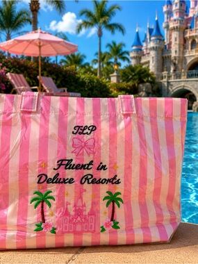 Fluent in Deluxe Resorts Pink Striped Tote Bag